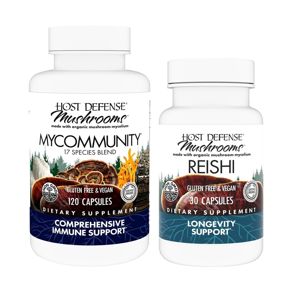Host Defense MyCommunity Capsules, 120 Count & Reishi Capsules, 30 Count - Support Imune Health with 17 Species Mushroom Blend - Support Brain Health, Memory & Focus*