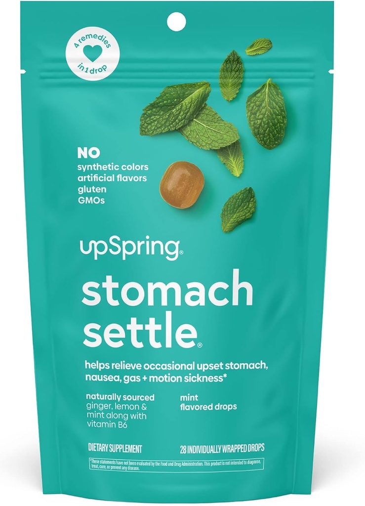 UpSpring Stomach resolver gotas para alívio de náuseas ocasionais / estômago ascendente com gengibre, limão, Spearmint, e B6. Gotas sabor de hortelã, 28 Ct (embalando maio Vary)