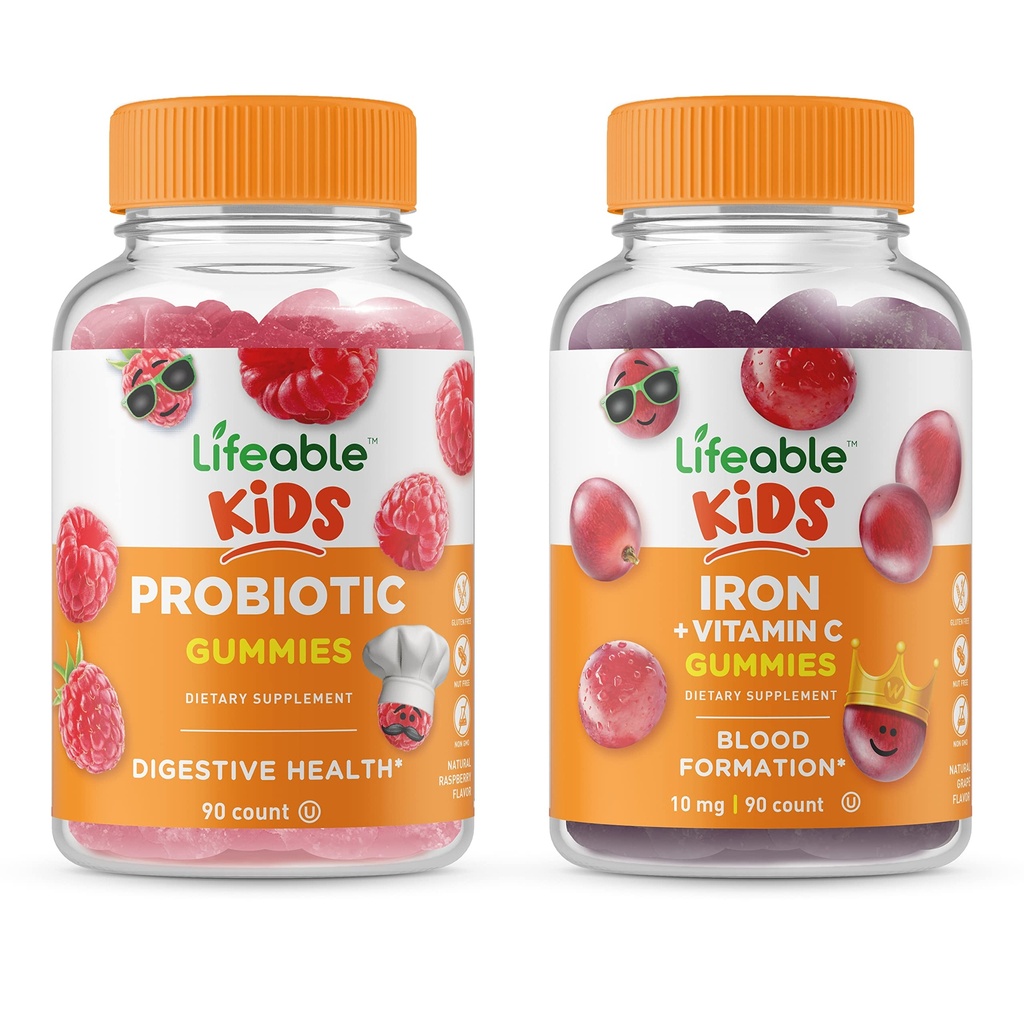 Probiótico vitalício 2 bilhões de UFC crianças + ferro e vitamina C crianças, chicletes Bundle - Grande degustação, Suplemento Vitamina, Sem glúten, GMO livre, chiclete mastigável