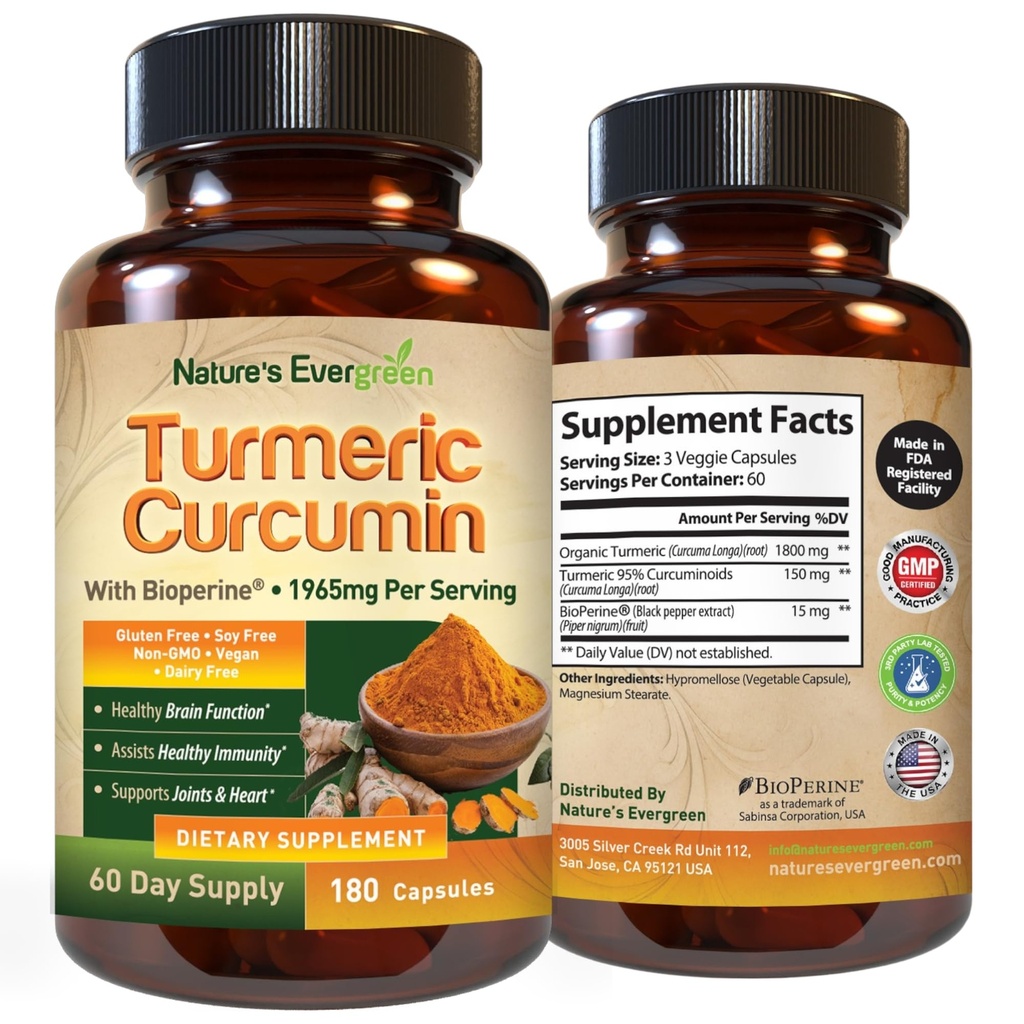 Curcumina açafrão com Extrato de Pimenta Negra (Bioperine) & suplemento de suporte comum orgânico açafrão Vegan. Extrair 95% Curcuminóides 1965mg Suplemento para Juntas Saudáveis e Suporte Imune. 180 Cápsulas