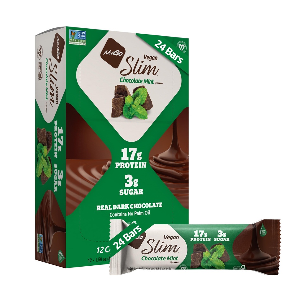 Nugo Slim escuro chocolate hortelã, 18g Vegan Protein, 3g Açúcar, 6g Fibra, Baixo Carb Net, Keto Friendly, Gluten Free, 24 Contagem