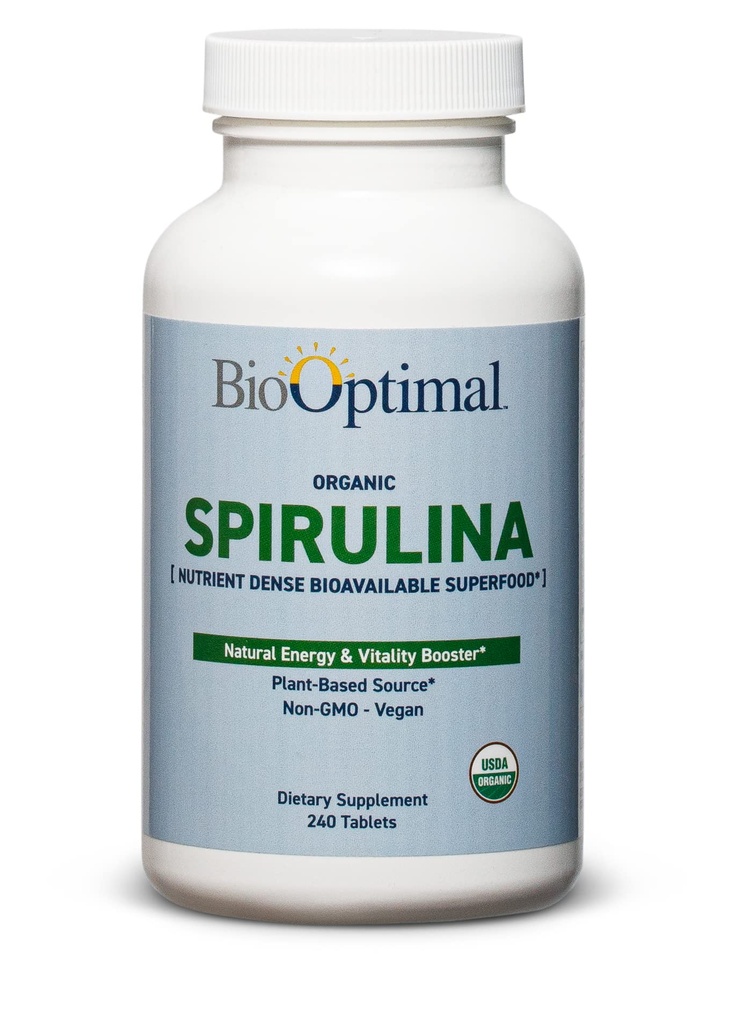 Comprimidos de espirulina orgânica BioOptimal - Orgânicos, Não-GMO, Sem Aditivos ou Aditivos - 500mg Suplemento dietético de qualidade Premium com vitaminas, minerais e antioxidantes (240 comprimidos)