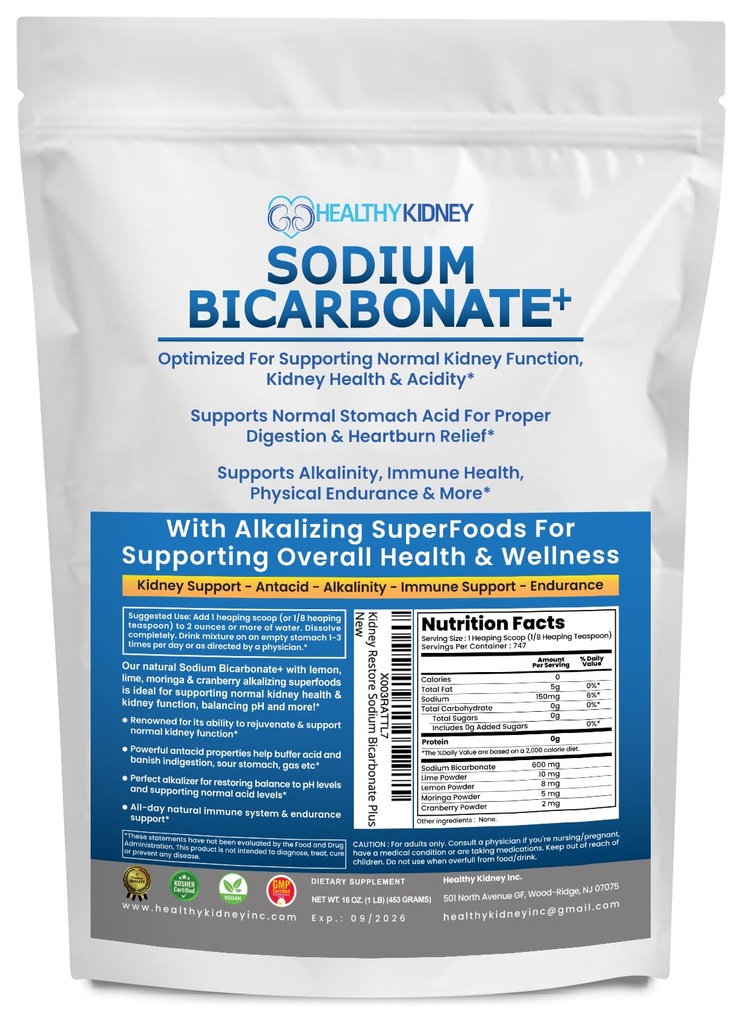 Uso orgânico Bicarbonato de sódio Suplemento alcalino para alcalinidade. Suporte Rim & Estômago Neutralizer ácido w / Alcalina Superalimentos. Bicarbonato de sódio pó Imune do rim Suporte Antiácido Esportes 1LB