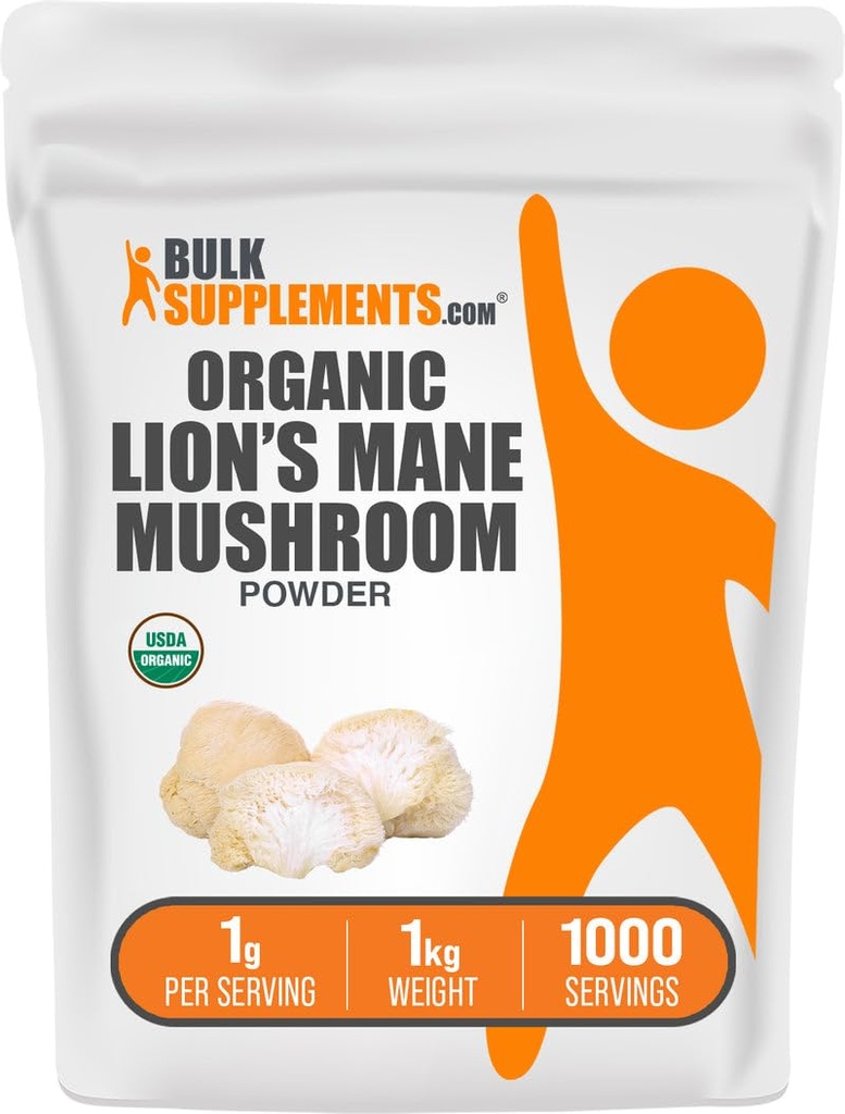 BulkSuplementos.com Leões Orgânicos Mane Mushroom Powder - Lions Mane Powder, Suplemento de cogumelos - Vegan & Gluten Free, 1g por serviço, 1 kg (2,2 lbs) (Pacote de 1)