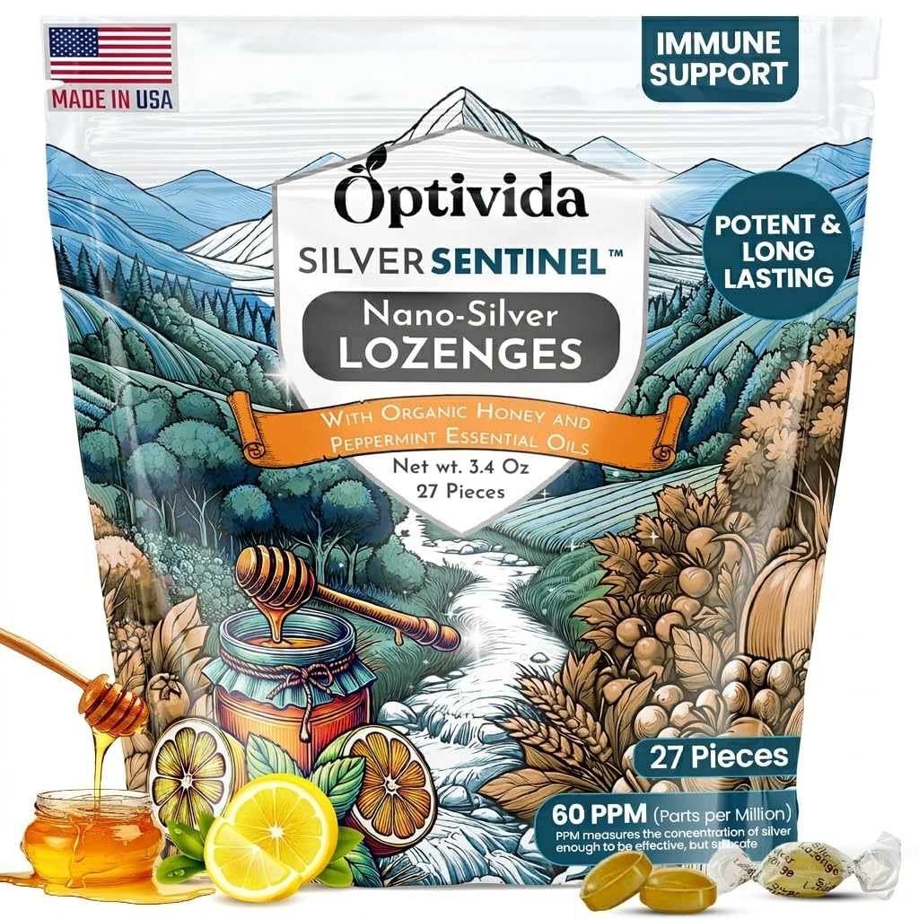 OPTIVIDA Saúde Lozenges de prata coloidal com óleo de mel e limão (1 pacote) - calmantes Lozenges de garganta dolorida para adultos com alívio de tosse e rápida ação Fórmula Nano Silver para apoio imunológico, 60 Ppm