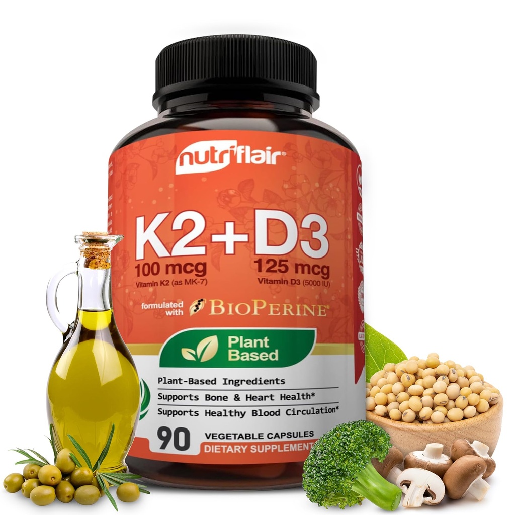 NutriFlair Vitaminas D3 (5000iu/125mcg) + K2 (como Mk7) - Fabricado com Ingredientes Baseados em Plantas Plus Extrato de Pimenta Negra BioPerine, 90 Cápsulas - Suporta Imune Saudável, Coração e Saúde - Pílulas Não-GMO