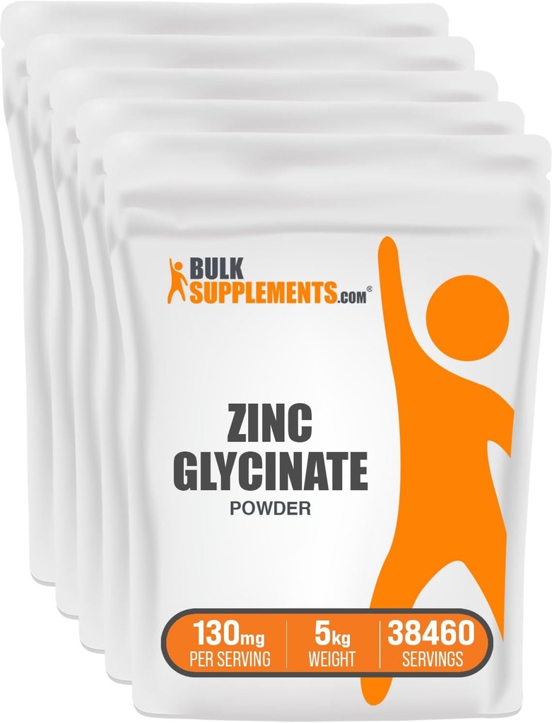 BulkSuplementos.com Glicenato de zinco em pó - Suplemento de zinco, Suplemento Mineral para Suporte Imune - Gluten Free, 130mg por serviço, 5kg (11 lbs) (Pacote de 5)