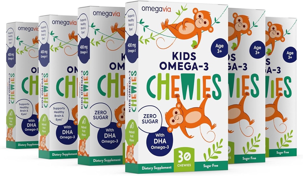 Omega 3 chicletes - Pastilha de gel mastigável ultra-alta DHA - para crianças apoia a saúde do cérebro e olho - sabor de fruta natural sem açúcar - crianças Omega 3 pastilhas de óleo de peixe (6 Pack)