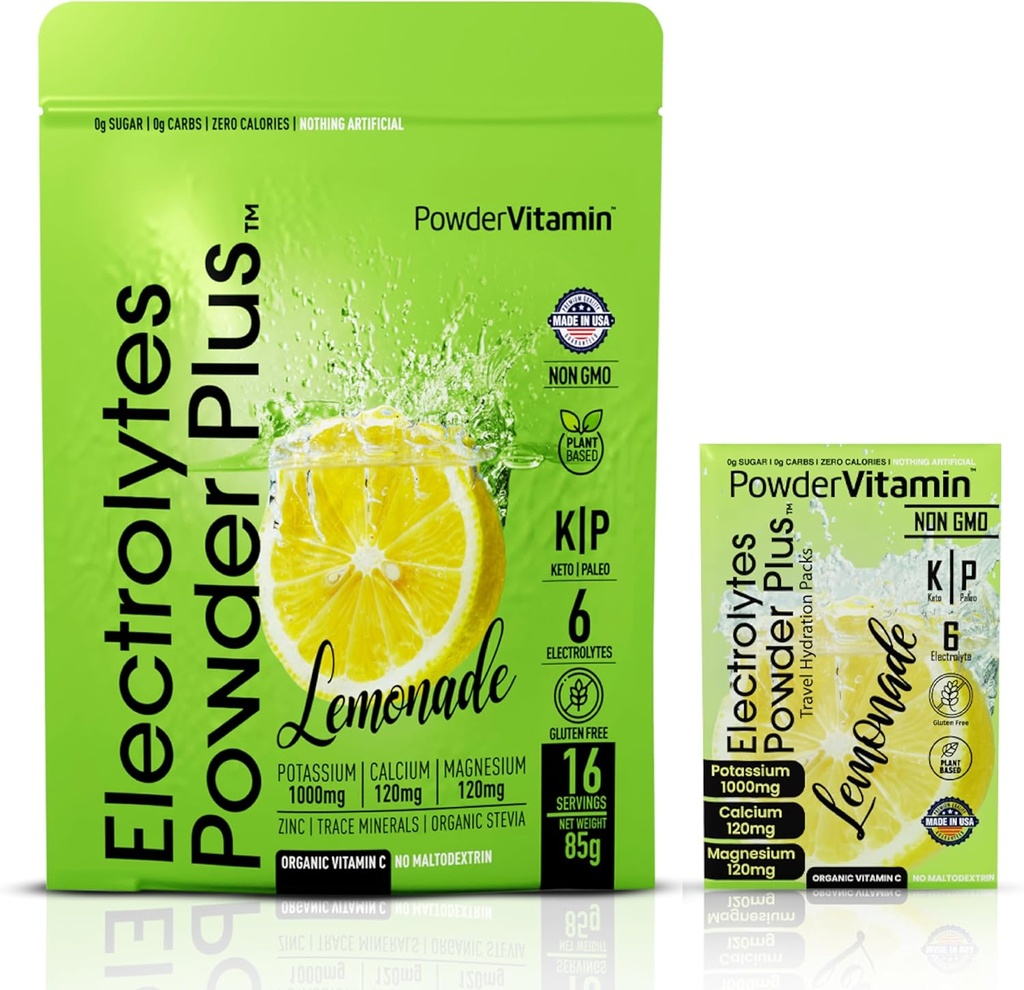 PóVitamina Eletrólitos Pó Plus, Keto, Limonada, Livre de Açúcar, Sal de Himalaia Rosa, 1000mg Potássio, 120mg Cálcio, 120mg Magnésio, Não-GMO, Calorias Zero, (16Hidração Packets)