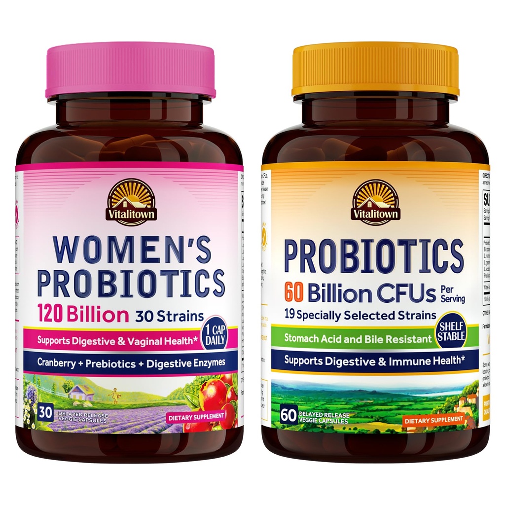 Vitalitown pacote probiótico (Pacote de 2) , Probióticos femininos 120 bilhões (Item 1) & Probióticos 60 bilhões (Item 2) , prateleira estável , Digestive & Women’s Health , 30 serviços cada