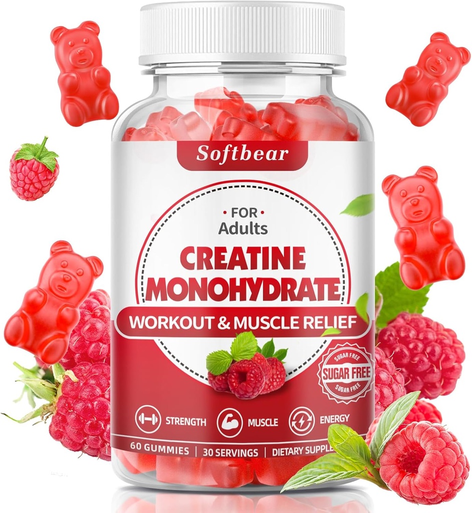 Creatina Creatina Gummies mono-hidratada para homens Mulheres, Vegan Creatina Suplemento 5000mg Creatina HCL pré exercitar Gummies para Muscle Builder força Framboesa sabor 60 Conta