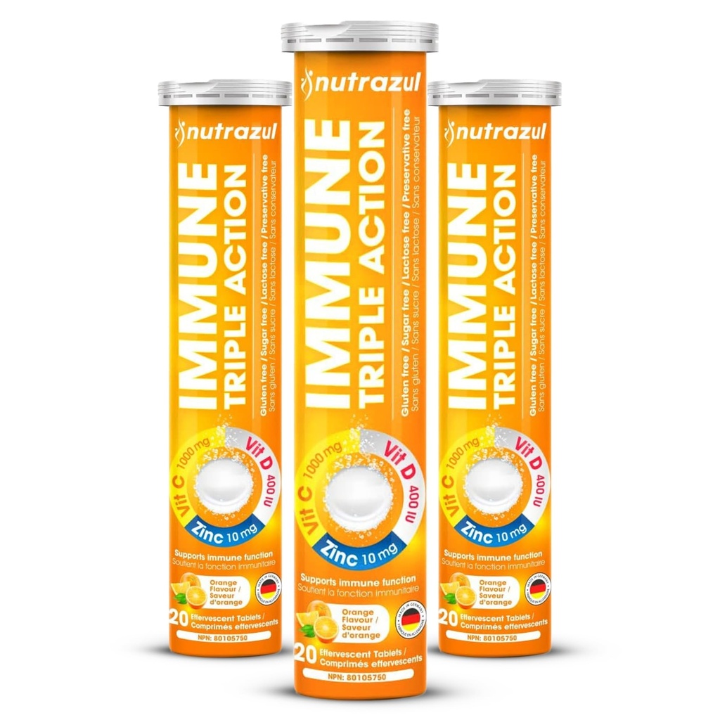 nutrazul Imune Triplo Ação Comprimidos efervescentes com vitamina C 1000mg, Vitamina D, Zinco, Suporte Rotina diária, Sem glúten, Livre de açúcar, Sem lactose, Aroma laranja, 20 Comprimidos, (Pack of 3)