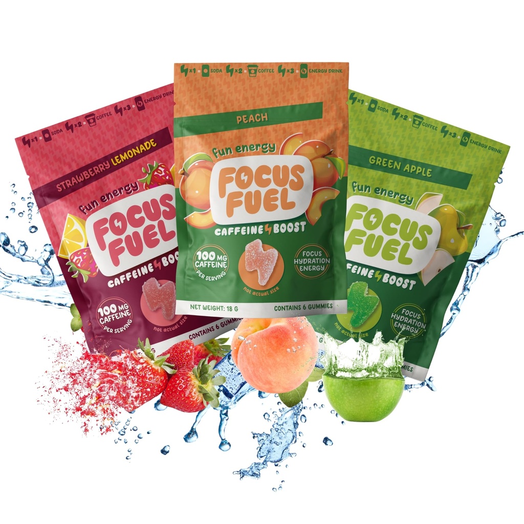 FocusFuel Energy Chews – Tamanho de teste Variety Sample Pack (9 Servings) – 100mg Cafeína + Alpha GPC + L-Theanina + B12, Magnésio – Peach, Apple Verde, Strawberry Limonada Flavors – Sem Acidente ou Jitters