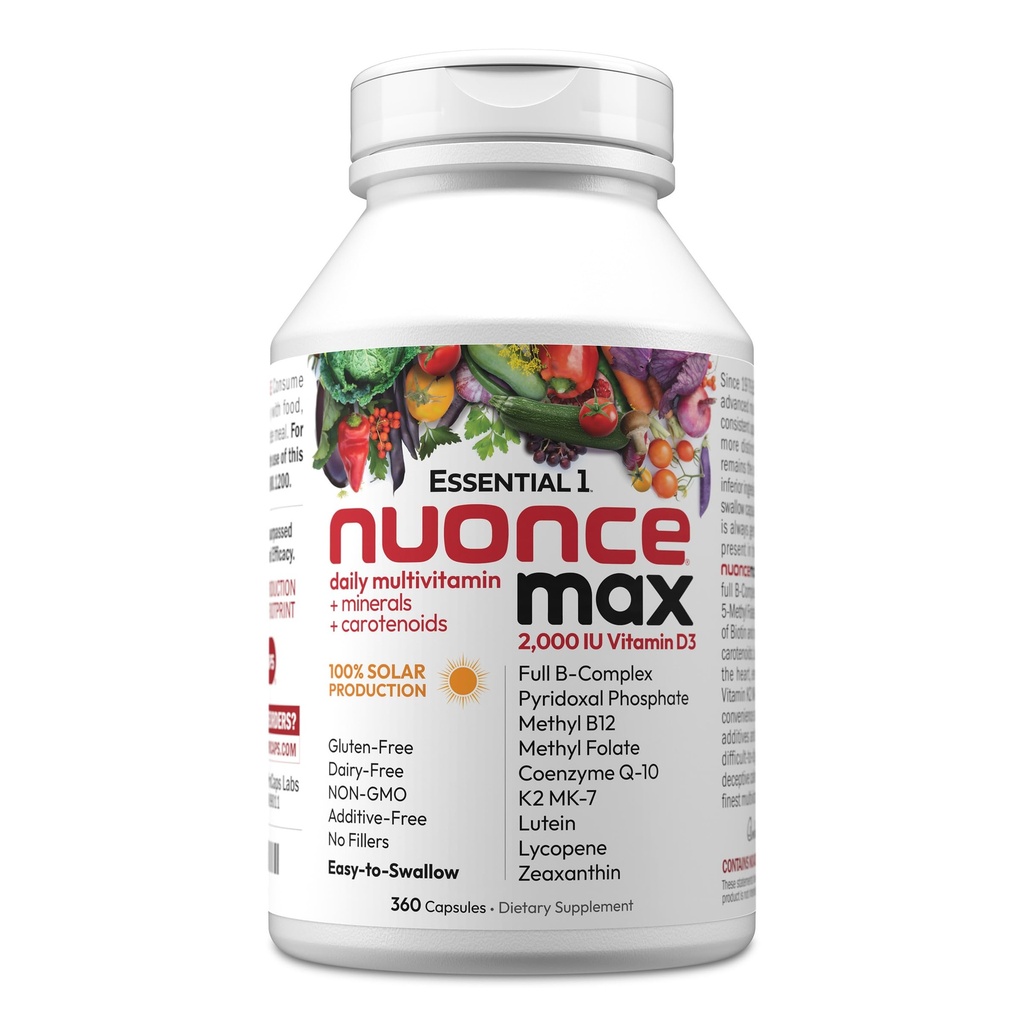 ANDREW LESSMAN Essential-1 nuonce max Multivitamin 2000 UI Vitamina D3 360 Cápsulas Pequenas. 100 mcg Metil B12. CoQ10 Lutein Lycopene Zeaxantina. Alta potência. Sem aditivos. Cápsula diária Ultra- Mild One