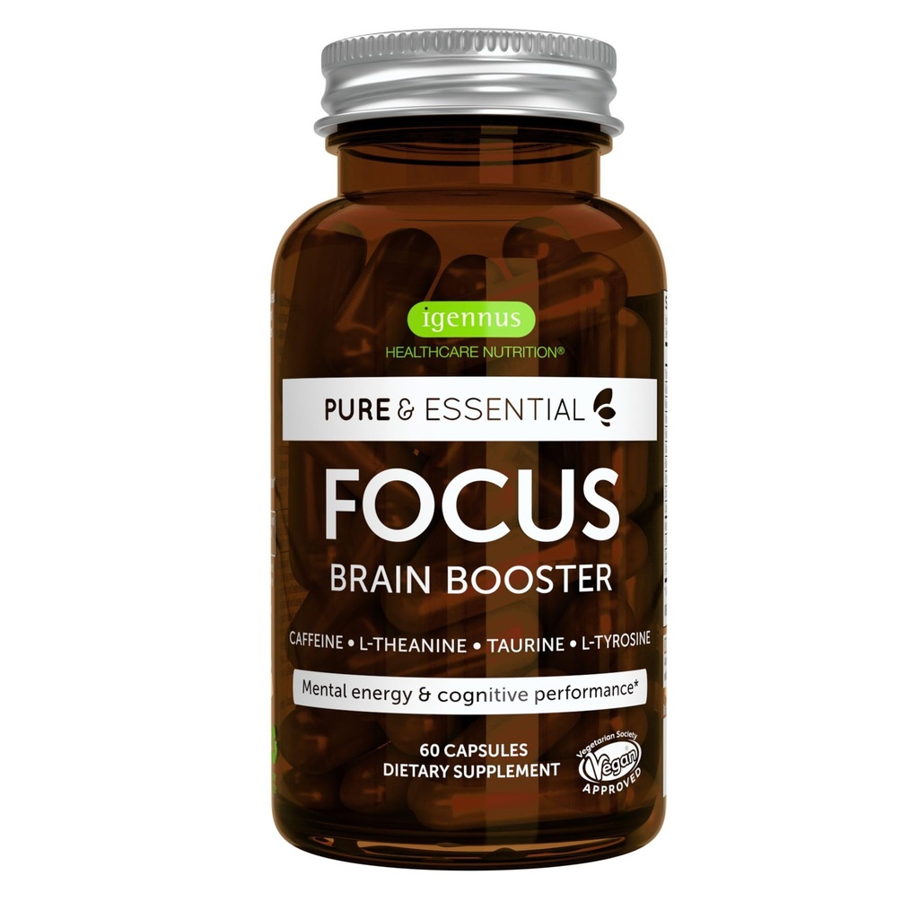 Igennus Focus - Nootrópico com 200mg Cafeína Natural, Vitaminas B metiladas, L-Teanina, Taurina, L-Tirosina, Energia Limpa, Impulsor Cérebro e Desempenho Cognitivo, Não Jittery, 60 Cápsulas