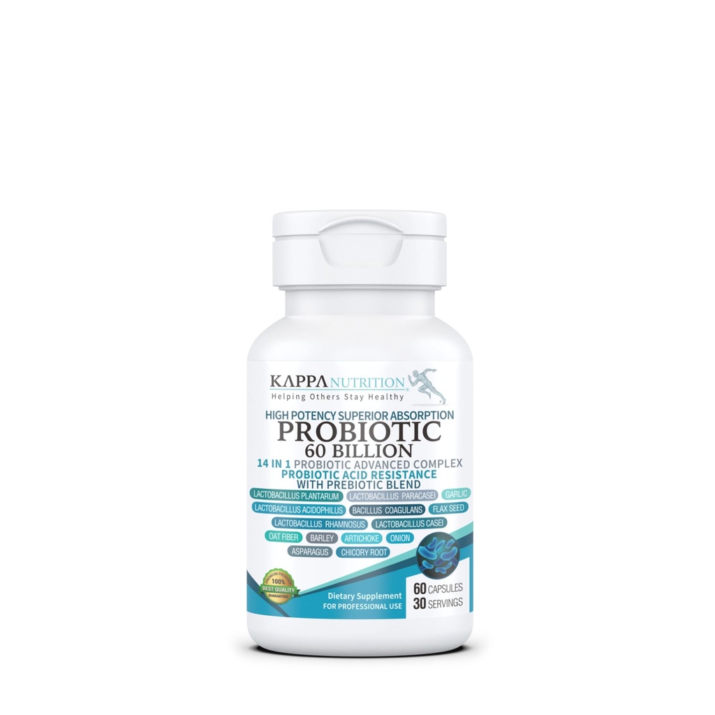 NUTRIÇÃO KAPPA Probiótico 60 bilhões UFC 14 em 1 Fórmula com Prebióticos & Acidophilus para Mulheres, Homens e Adultos, prateleira estável, resistente a ácido, Suplemento Natural 60 Cápsulas.