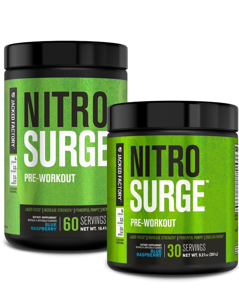 Jacked Factory NITROSURGE Pre Treino Suplemento - Impulsionador de energia, Ganhos de força instantânea, claro foco e bombas intensas - NO Booster e poderoso pré-treino Energia Pó - 90 Servings, Framboesa Azul