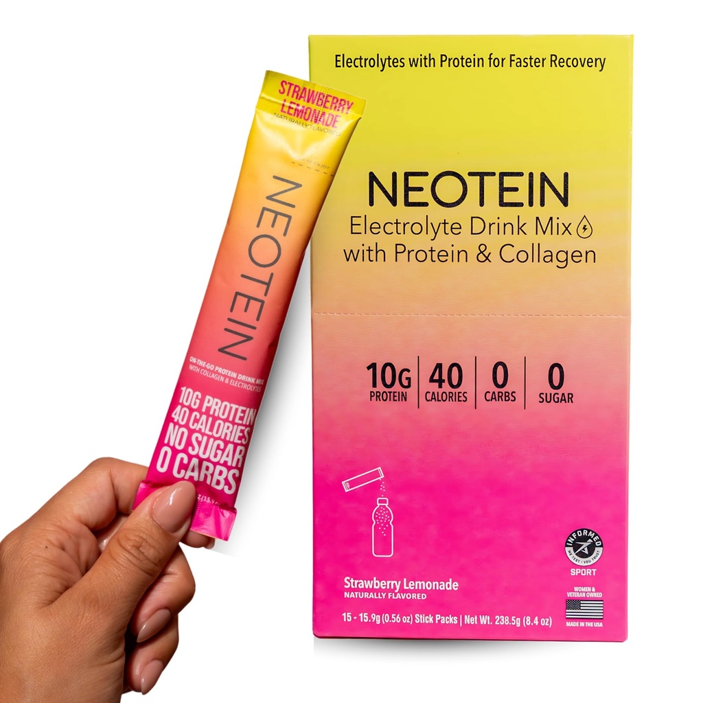 NEOTEIN: Embaladores de pó de eletrólito, pó de proteína com 10g de proteína e colagénio .