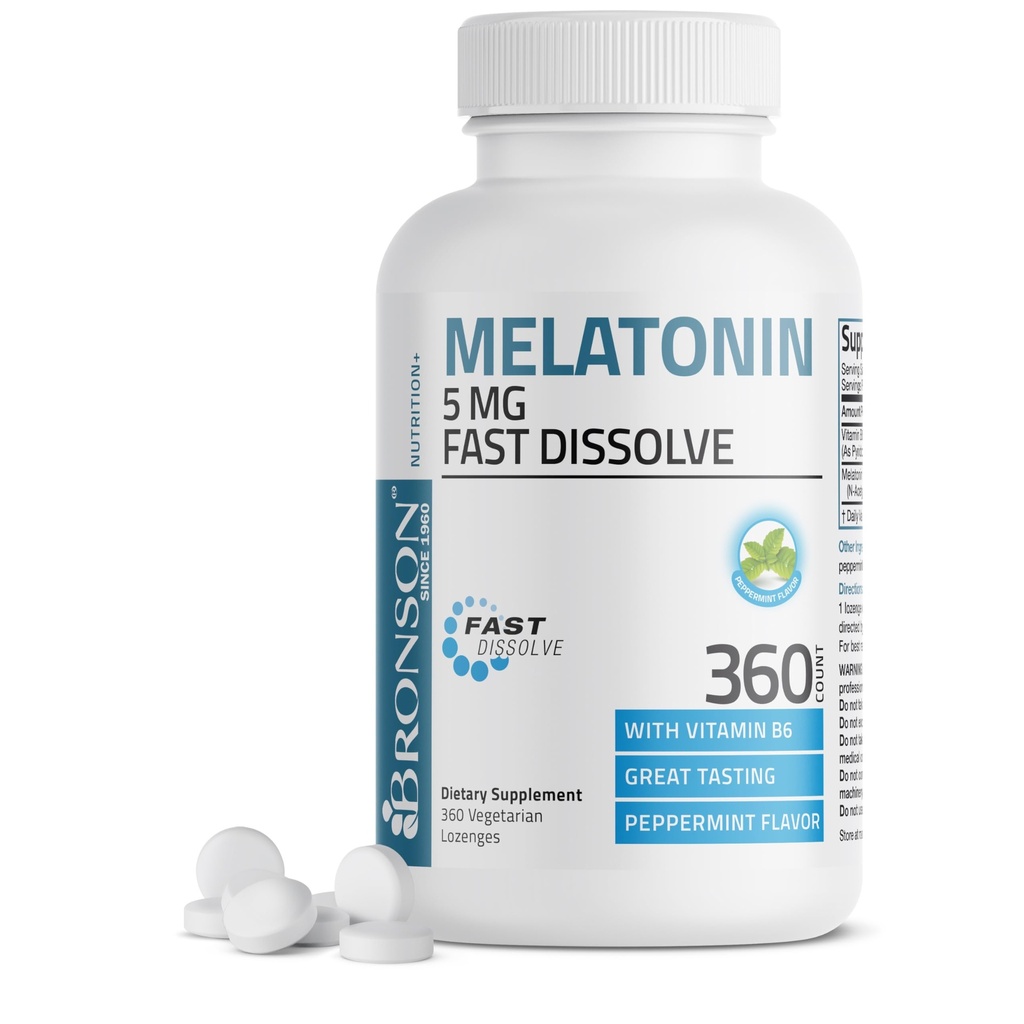 Bronson Melatonina 5mg Comprimidos de hortelã com vitamina B6 - Promove o relaxamento, 360 pastilhas vegetarianas mastigáveis