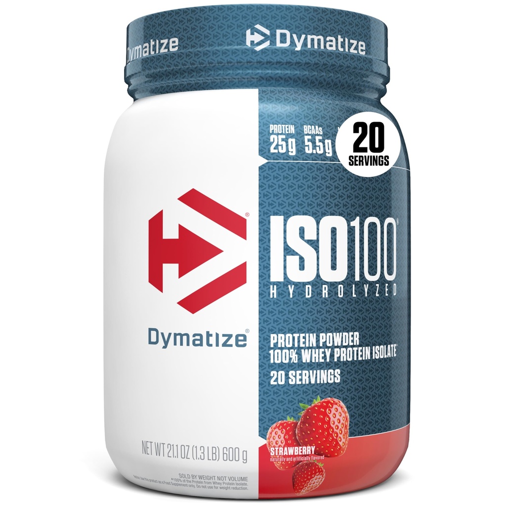 Dymatize ISO100 Whey Protein Powder Isolate, Morango, 25g de proteína, 5,5g BCAAs, Menos de 120 Cal., Gluten Free, 1g de gordura, 1g de açúcar, 2g de carboidratos (20 servões)