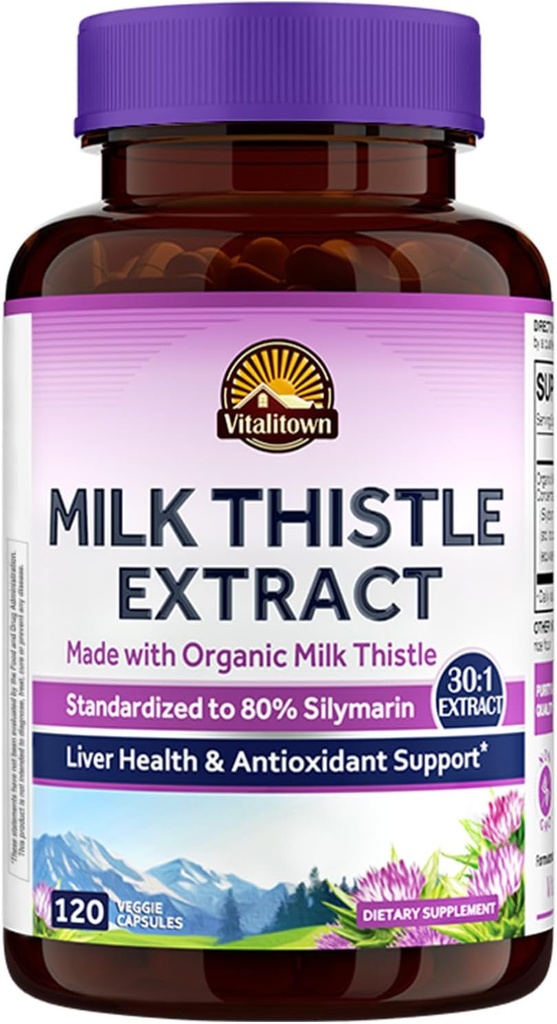 Vitalitown Organic Milk Thistle Antioxidant Suporte, Detox & Limpeza, 120 Vegan Caps