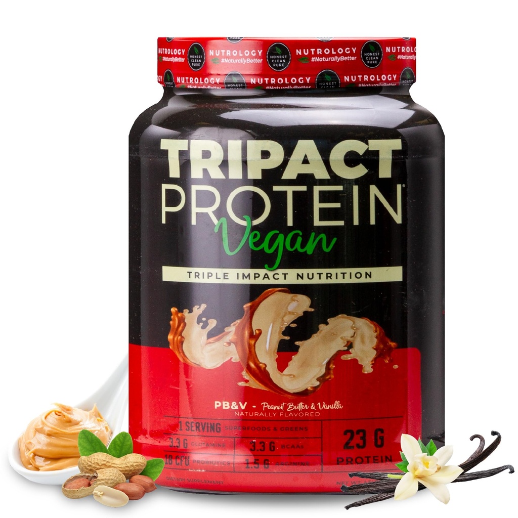 Nutriologia TRIPACT Vegan Protein Powder - Ervilha orgânica, arroz e proteína de abóbora, BCAAs & Glutamina Planta-Based Replacement Shakes para recuperação muscular e imunidade, Manteiga de amendoim e baunilha, 20 Servings