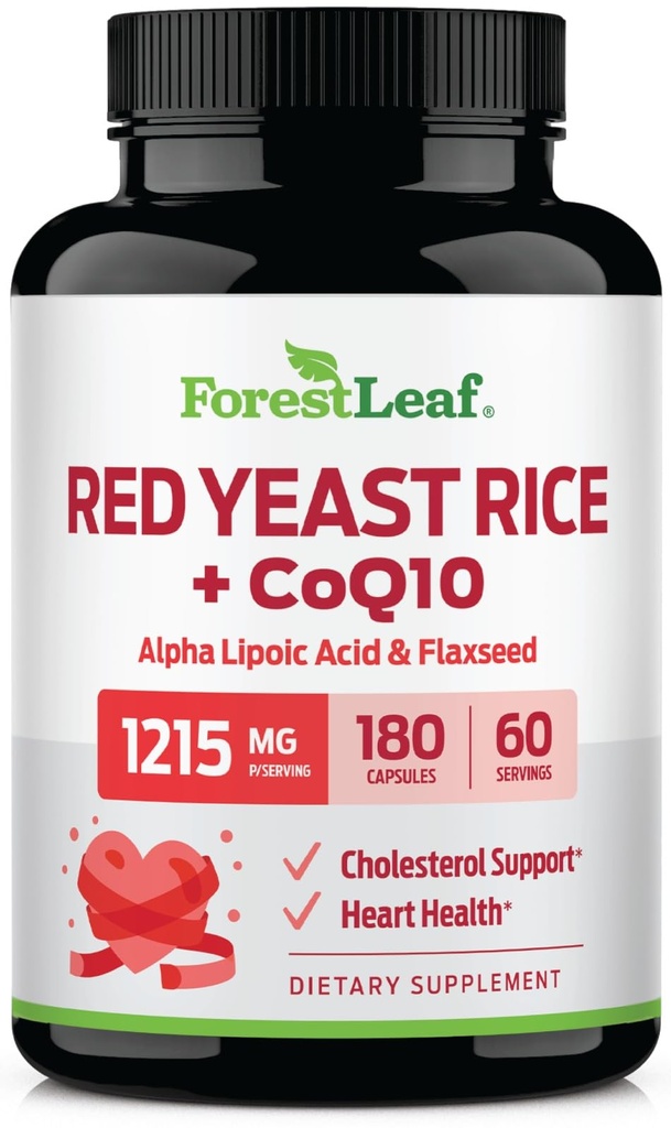 ForestLeaf Red Yeast Rice with CoQ10 Supplement - 1215mg Extra Strength Red Yeast Rice Cápsulas com ácido alfa-lipóico e linhaça orgânica, Citrinina Grátis - 180 Cápsulas