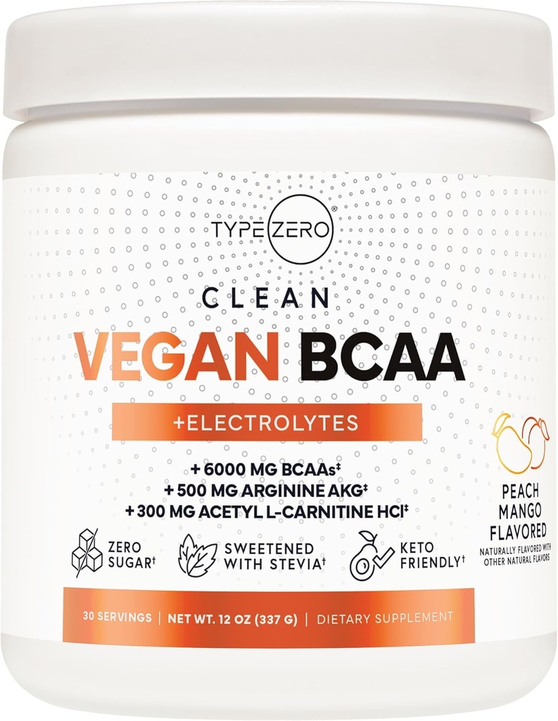 Ultra Clean Vegan BCAA Pó + Eletrólitos (Mango de pêssego ) 2:1:1 Açúcar-livre / sem sucralose BCAAs Aminoácidos Suplemento para Mulheres / Homens - Melhores BCAA Vegan Aminoácidos após pós-treino Recuperação bebida