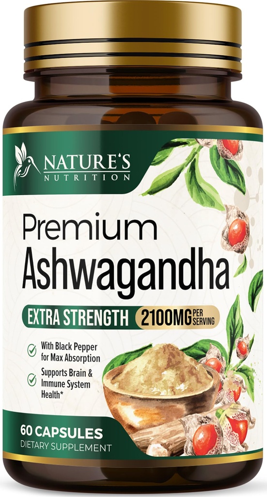 Suplementos Ashwagandha - 2100mg Cápsula Ashwagandha para Mulheres e Homens, Apoio Antioxidante Natural, Extrato de Raiz de Ashwa, Apoio Calmo Força Extra com Pimenta Negra, Vegan & Gluten Grátis - 60 Cápsulas