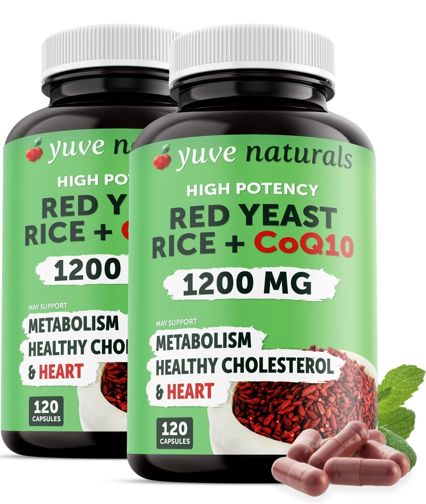Red Yeast Rice 1200 mg Cápsulas com CoQ10 - Manter os níveis de colesterol saudável, Saúde do coração de ervas Vegan Red Yeast Rice Supplement - Red Rice Yeast com CoQ10 para mulheres e homens - 120 Ct (2-Pack)