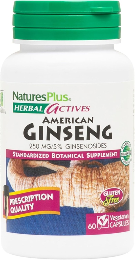 Naturezas Plus Herbal Actives American Ginseng - 250 mg, 5% Ginsenosides - 60 Cápsulas Vegan - Gluten-Free - 60 Servings