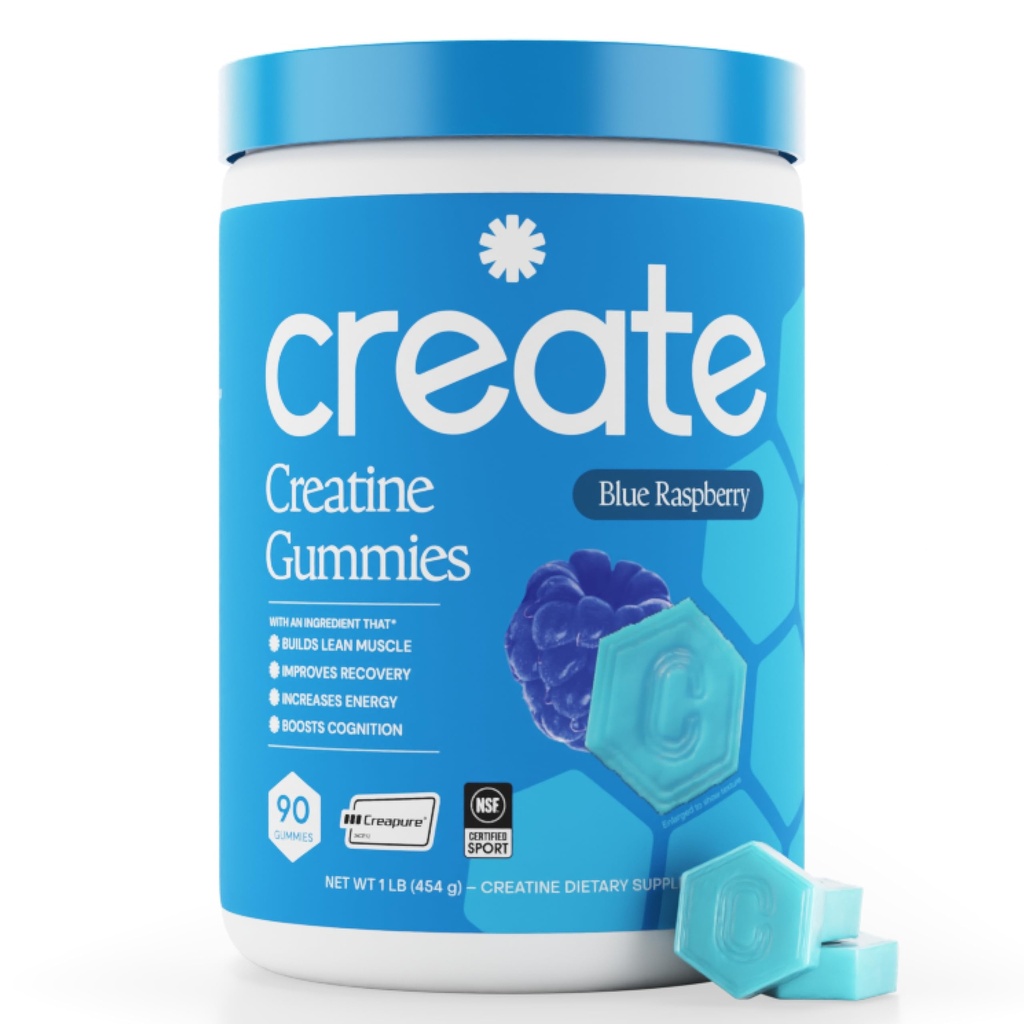 Criar Creatina Mono-hidratada Gummies para homens e mulheres, Foco de aumento, Força e Endurance, Fórmula Anti-Melting, Vegan, Sem glúten, Não-GMO, 1.5g de Creatina por Gummy (framboesa Azul, 90 ct)