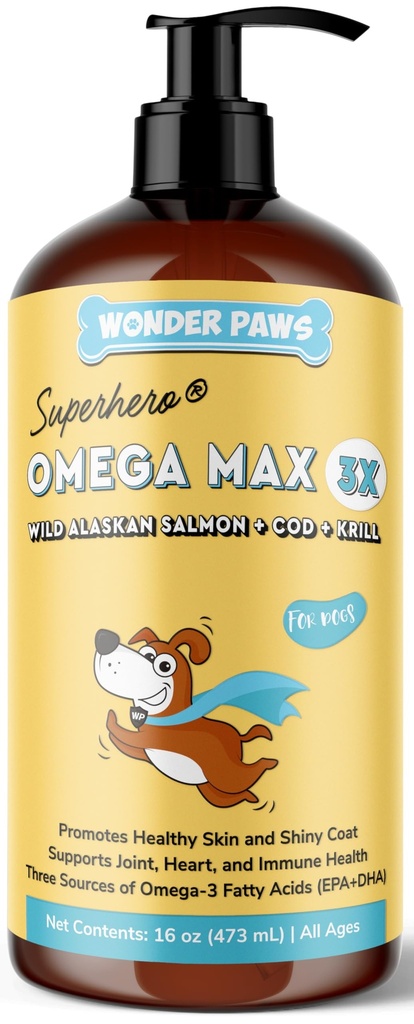 Wonder Paws Fish Oil para cães - Omega 3 para cães de salmão do Alasca, Bacalhau & Krill Oil - EPA DHA Fatty Acids - Menos Shedding & Coceira - Pele, Junta, Imune & Saúde do Coração - Suplemento Líquido (16 onças)