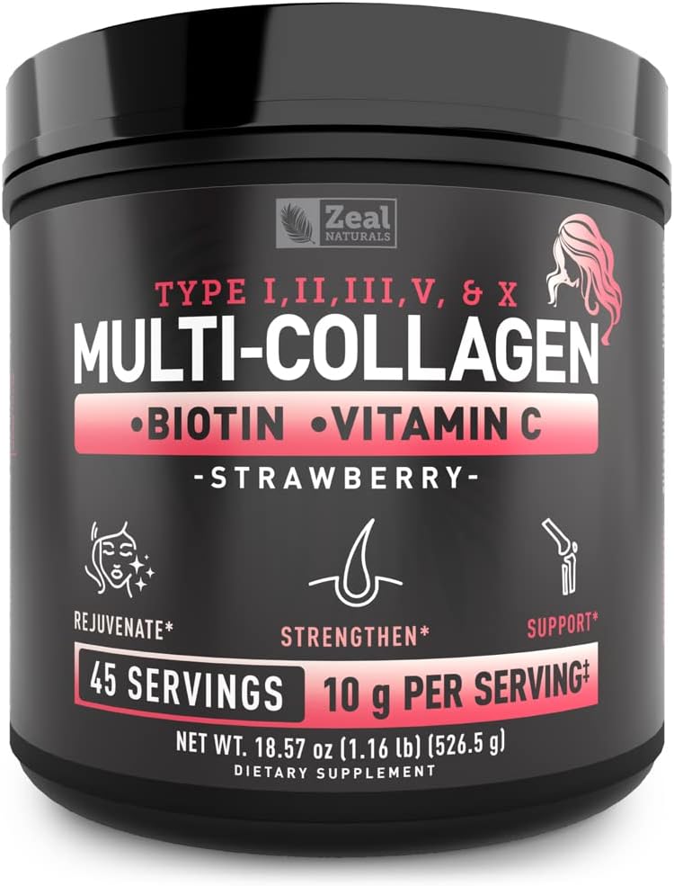 Pêptides de proteína multi colagénio Premium (1, 2, 3, 5 & 10) com vitamina C, biotina, ácido hialurônico, para pele de cabelo e unhas - Marine, Bovine, Frango e casca de ovo (Strawberry, 45 Servings)