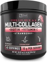 Pêptides de proteína multi colagénio Premium (1, 2, 3, 5 & 10) com vitamina C, biotina, ácido hialurônico, para pele de cabelo e unhas - Marine, Bovine, Frango e casca de ovo (Strawberry, 45 Servings)