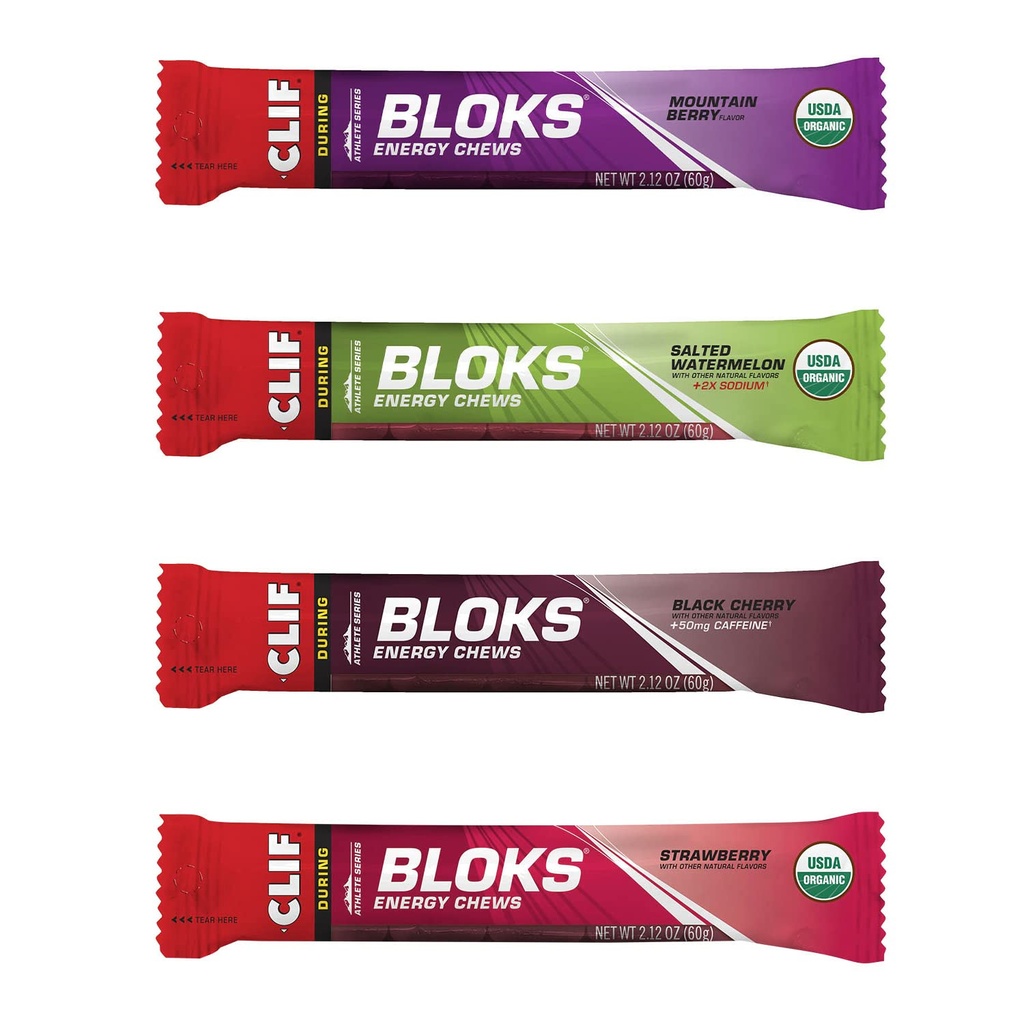 CLIF BLOKS - Energy Chews - 4 Flavor Variety Pack - Non-GMO - Plant Based Food - Fast Carbs for Cycling and Running - Snack de treino (2.1 Ounce Packet, 12 Count)