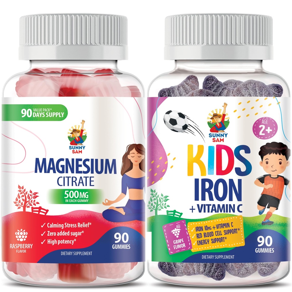 Chicletes de ferro SAM SUNNY para crianças e adultos & pastilhas de magnésio para adultos - 500mg - Calm Magnesium Chews - Magnesium Citrate Suplemento mastigável para Mood & Muscle Support. Vitaminas de ferro com vitamina C.