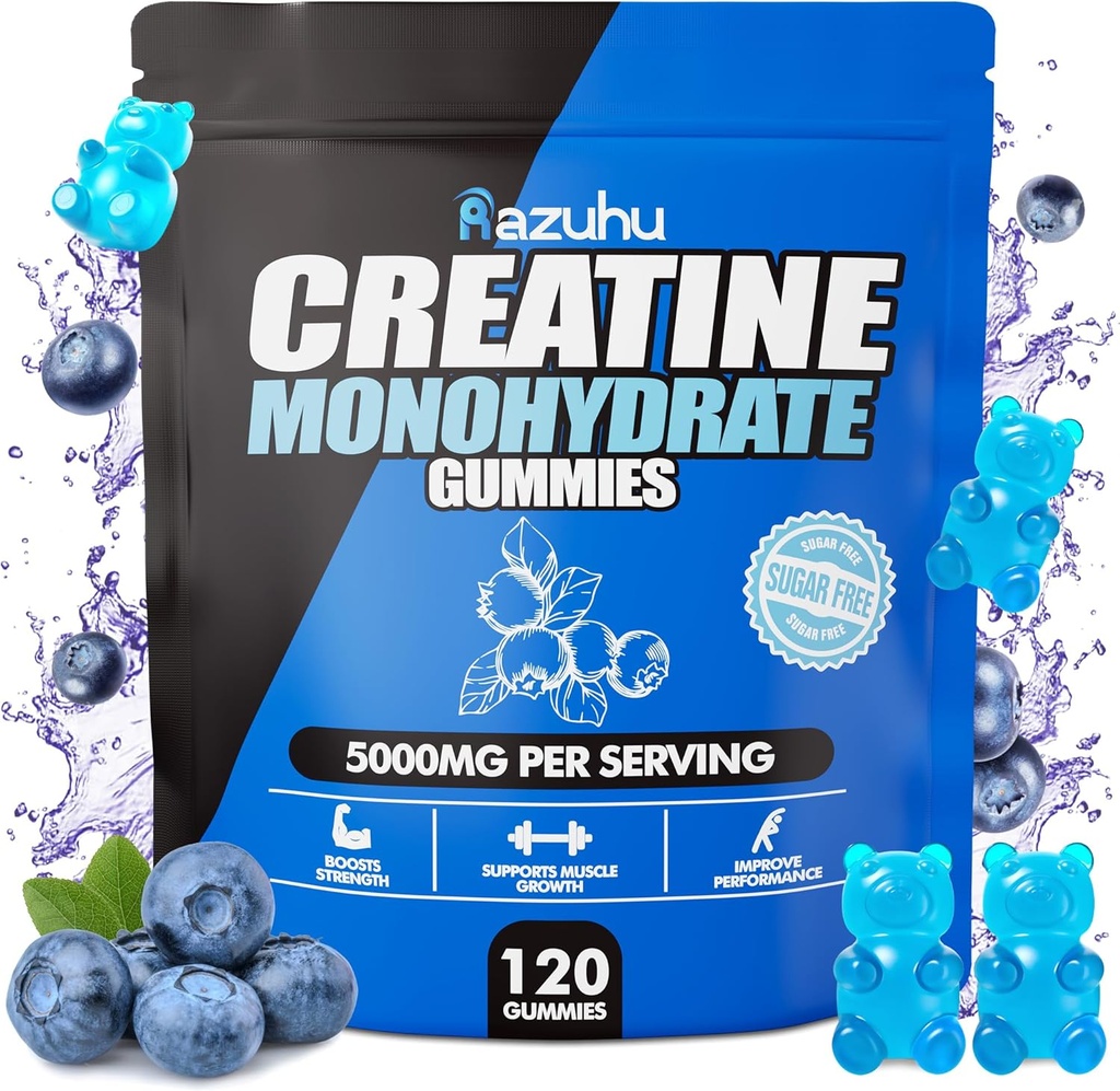 Pre Treino hcl creatina mono-hidratada Gummies, 120 Mastigação azul para homens (Amora azul), creatina hcl Suplemento de energia para mulheres, soro de leite proteína isolate vital fonte goma feminina