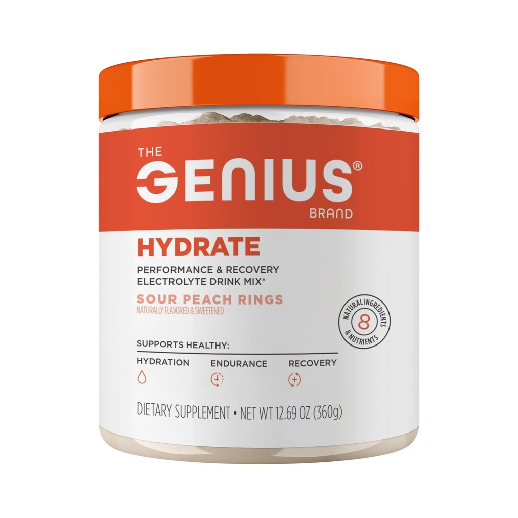 Genius Brand Genius Hydrate - Suplemento Eletrolítico para Hidratação Diária - Água de coco - Livre de Açúcar - 8 Minerais essenciais & Nutrientes - Não-GMO - Anéis de pêssego azedo - 50 Servings