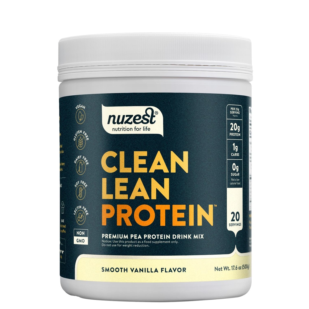 Nuzest - Pó de proteína de ervilha - Clean Lean Protein, Premium Vegan Plant Based, Dairy Free, Gluten Free, GMO livre, Shake de proteína naturalmente adoçado, Baunilha Suave, 20 Servings, 1,1 lb
