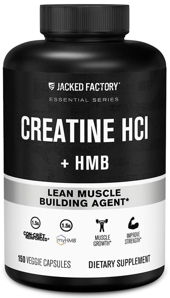 Fábrica Jacked Creatine HCL + cápsulas HMB - Synergistic CON-CRET, myHMB, & Fórmula de vitamina D para melhor crescimento, força e redução do músculo - 150 cápsulas