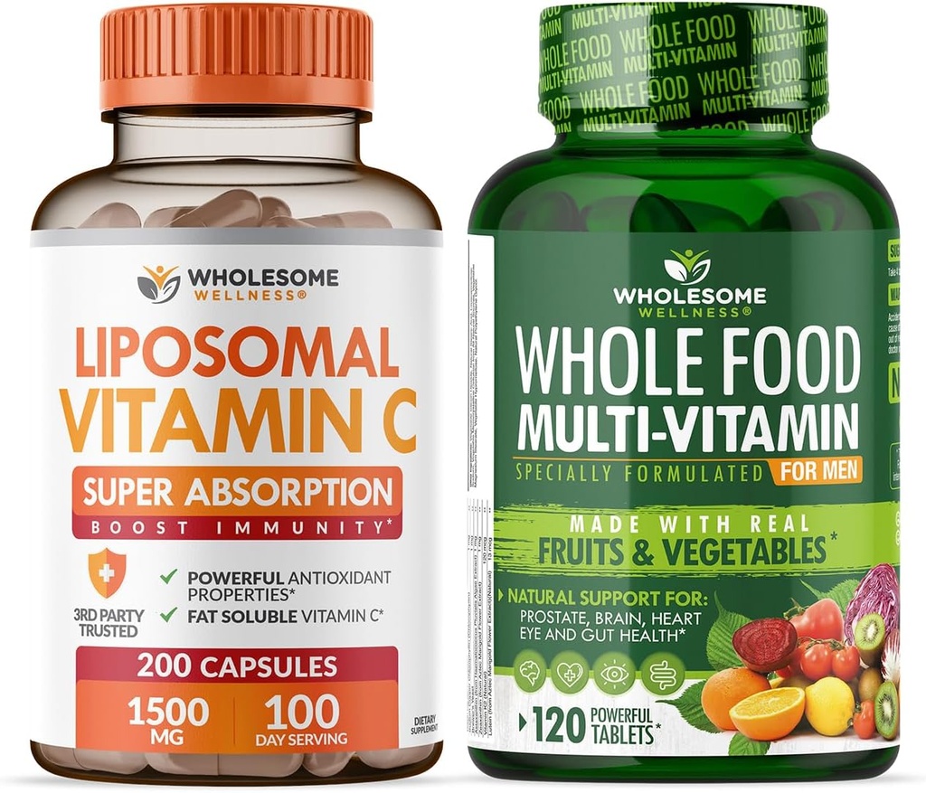 Bem-estar saudável Cápsulas de vitamina C lipossomal (200 comprimidos 1500mg tampão) alta absorção + multivitamina alimentar para homens - vitaminas naturais múltiplas, minerais, extratos orgânicos