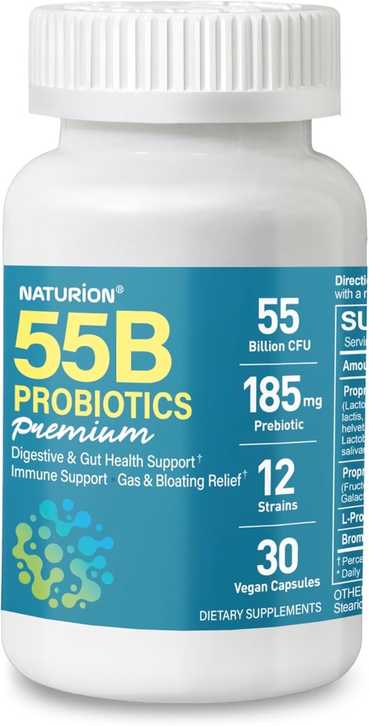 55B Probióticos Premium - 55 Bilhões UFC, 12 Strains, 185mg Prebiótico - Suporte Imune, Digestivo & Gut Saúde - Suportes Obstipação ocasional, Gás & Bloating - 30 Cápsulas Vegan, Fonte de 30 dias