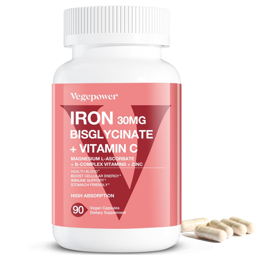 Suplementos de ferro para mulheres homens, Vegan Bisglicinato de ferro 30mg Plus Vitamina C, B12, Ácido Fólico - Comprimidos de ferro para Anemia, Saúde Sangue & Apoio Energético - Gentil, Alta Absorção, Não-GMO - 90 Cápsulas