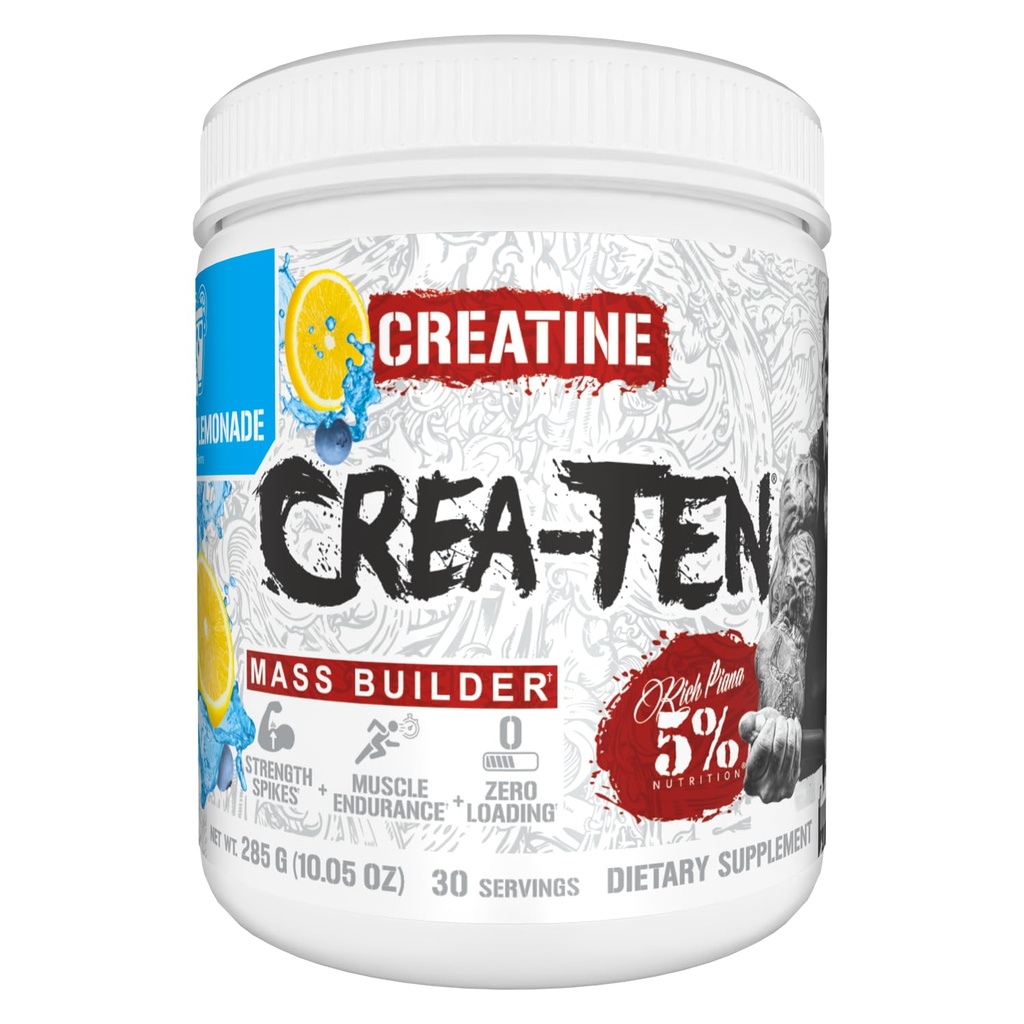 5% Nutrição CreaTEN Creatine Complex + Aceleradores em pó Creatina saborosa para o ganho muscular Max Power, Força, Endurance, & Recuperação (Limonada de mirtilo)