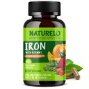 NATURELO Vegan suplemento de ferro com vitamina C e alimentos orgânicos integrais - comprimidos de ferro suaves para mulheres e homens com deficiência de ferro, incluindo gravidez, anemia e dietas Vegan - 180 Mini Cápsulas