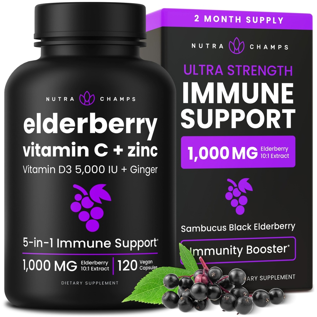 NutraChamps Elderberry com Vitamina C e Zinco - 5 em 1 Suplemento Imunidade, 10.000mg Sambucus Black Elderberry Cápsulas com Vitamina D3 5000 UI, Sambucus Elderberry Extract Imune Suporte para Adultos