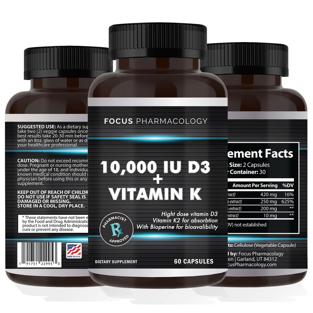 Vitamina K2 com D3 Suplemento de força extra Osso - Saúde do Coração Fórmula não-GMO 10.000 UI Vitamina D3 e 200 mcg Vitamina K2 (MK7) □ Fácil de engolir Vitamina K & D, 60 Cápsulas