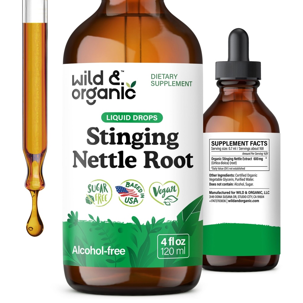 Selvagem & orgânico Stinging Nettle Tintura - Stinging Nettle Raiz Extract Drops para homens e mulheres - Líquido Urtica Dioica Suplemento - Vegan, Açúcar & Álcool - 4 fl oz