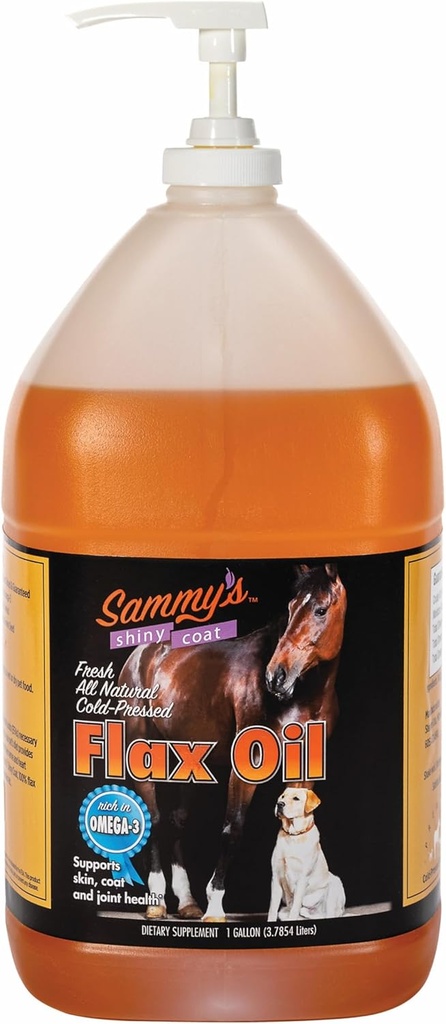 Óleo de Linho de Revestimento Brilhante Sammy para Cavalos, Óleo de Linho Puro para Cavalo, Rico em Ácidos Gordos Ómega-3, Suplemento de Cavalo de Óleo de Linho para Pele e Revestimento, Imune, Cardio e Apoio Conjunto, 1 Galão com Bomba Livre